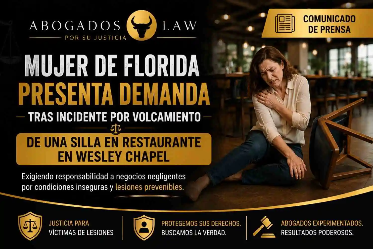 MUJER DE FLORIDA PRESENTA DEMANDA TRAS INCIDENTE DE VOLCAMIENTO DE UNA SILLA EN UN RESTAURANTE DE WESLEY CHAPEL