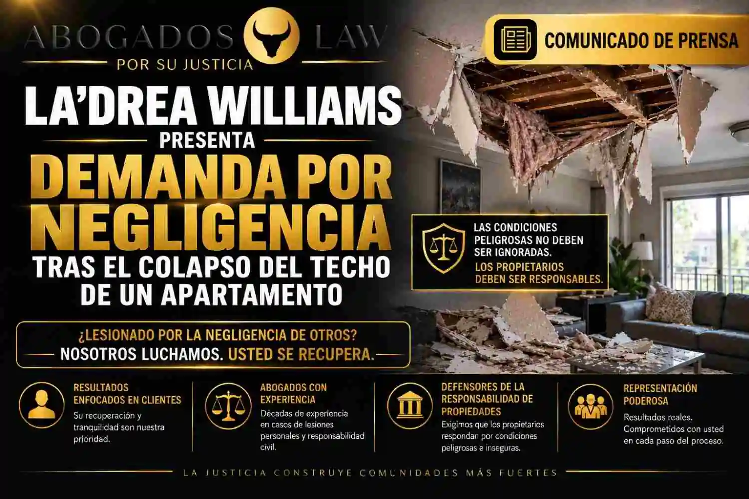 La’Drea Williams presenta una demanda por negligencia tras el colapso del techo de un apartamento